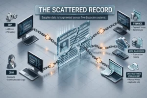 Illustration showing supplier data fragmented across ERP, CRM, finance, data warehouse and spreadsheet systems around a broken master supplier record.