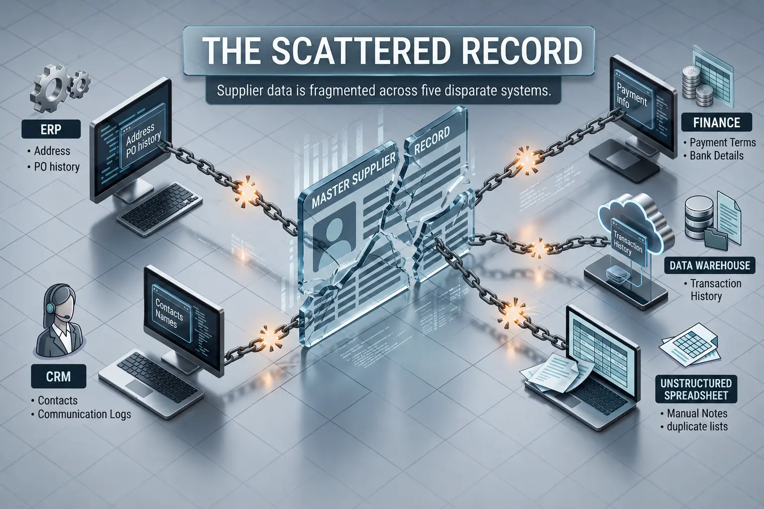 Illustration showing supplier data fragmented across ERP, CRM, finance, data warehouse and spreadsheet systems around a broken master supplier record.